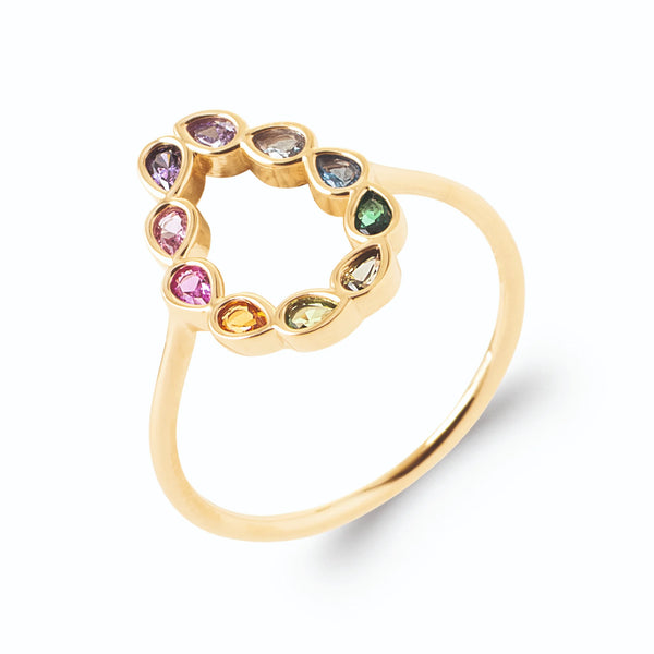 Bague goutte ajourée de pierres poires multicolores en plaqué or