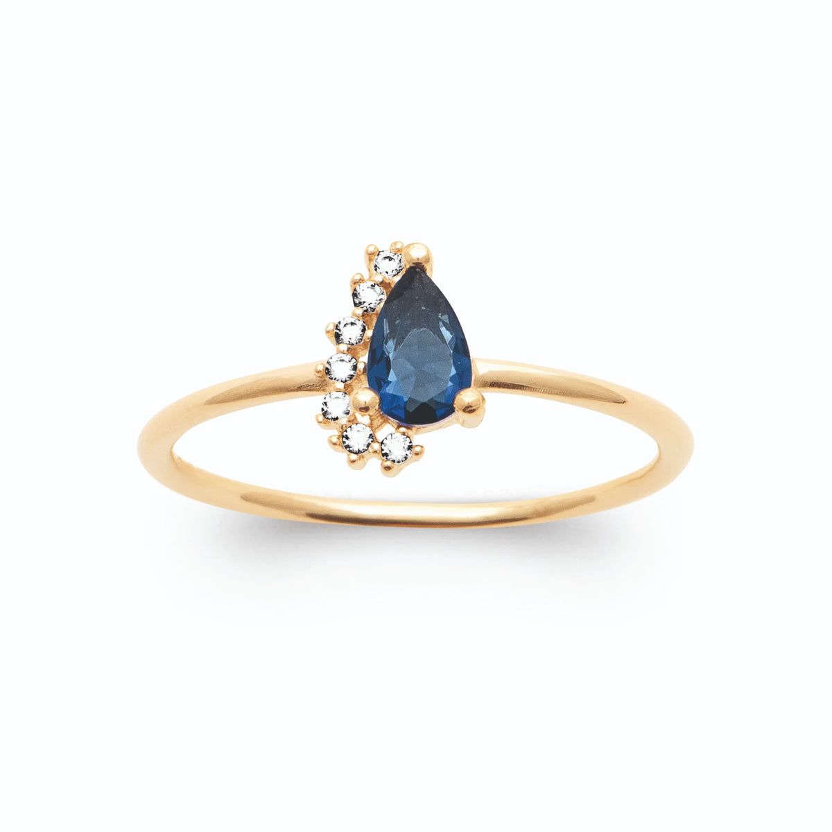Bague goutte bleu nuit et demi-halo de pierres claires en plaqué or