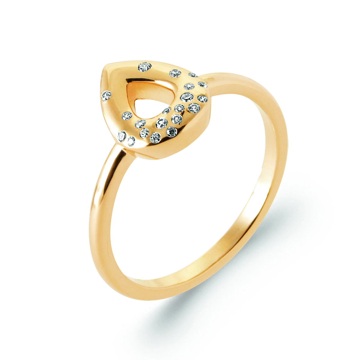 Bague goutte évidée constellée de zircons en plaqué or, vue de trois quarts