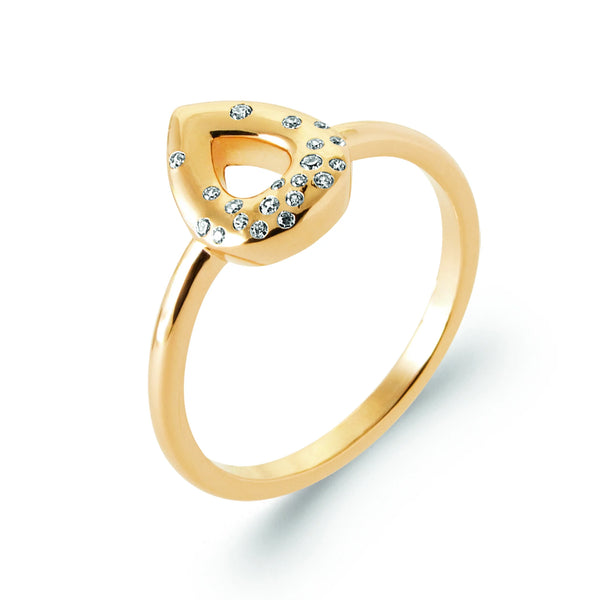 Bague goutte évidée constellée de zircons en plaqué or, vue de trois quarts