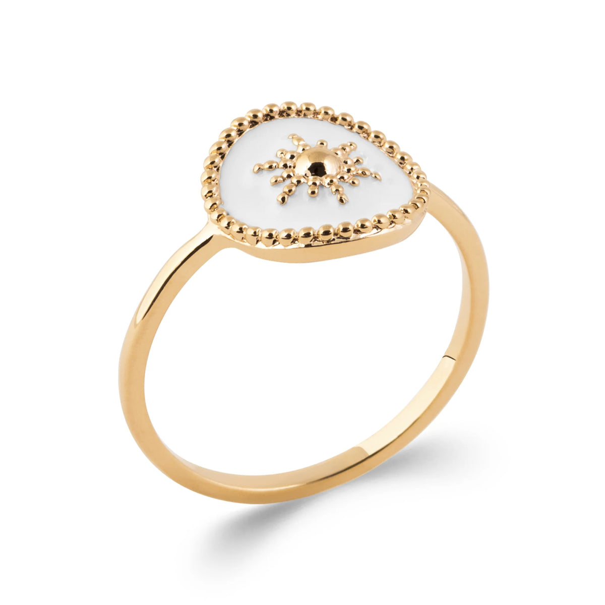Bague goutte laquée blanche et petit soleil d’or en plaqué or