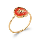 Bague goutte laquée corail et petit soleil d’or en plaqué or