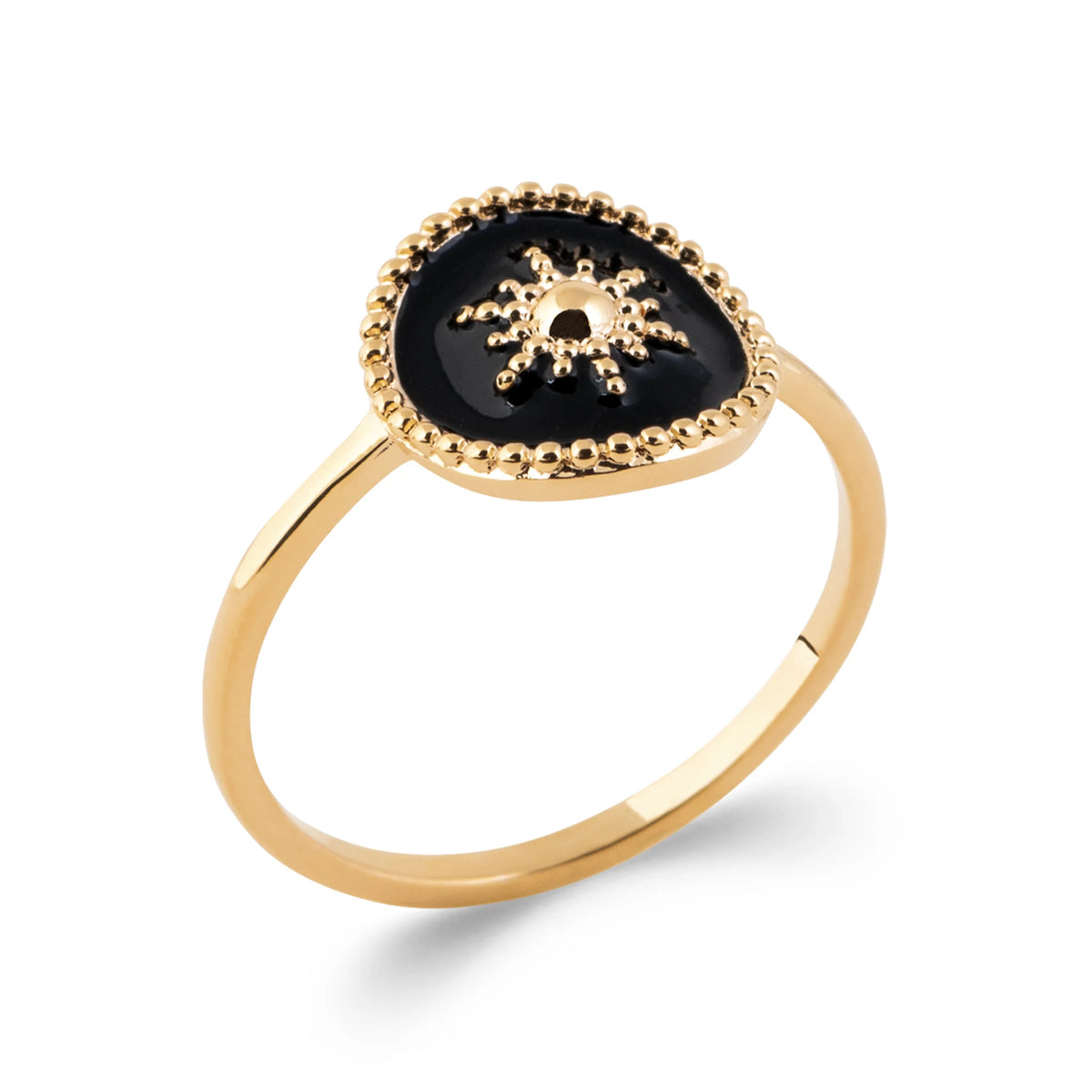 Bague goutte laquée noire et petit soleil d’or en plaqué or