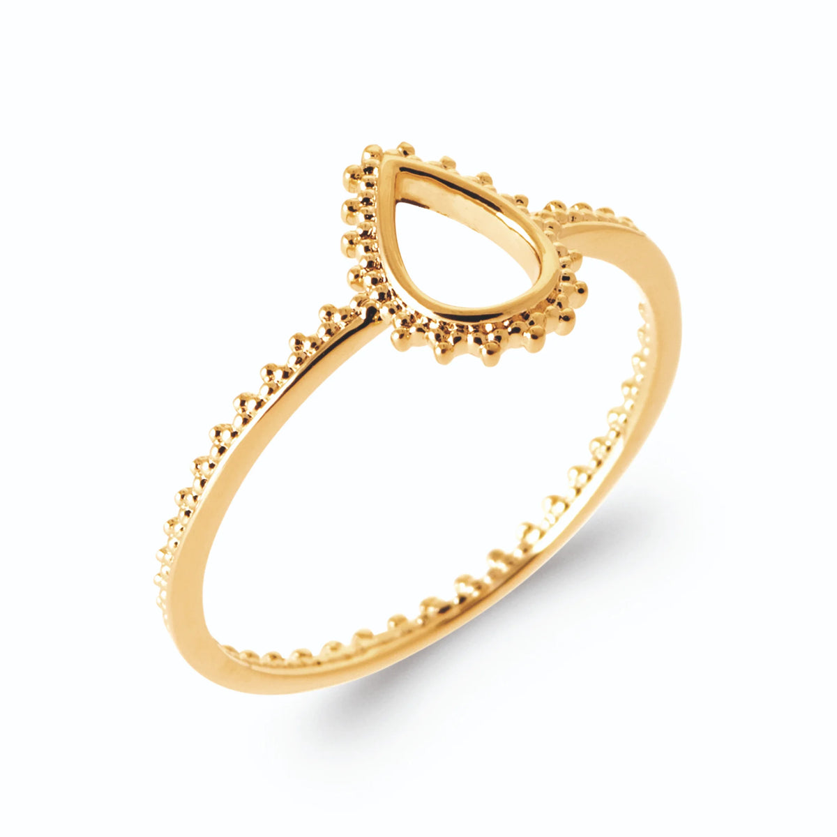 Bague goutte ouverte au contour perlé de grains d’or en plaqué or