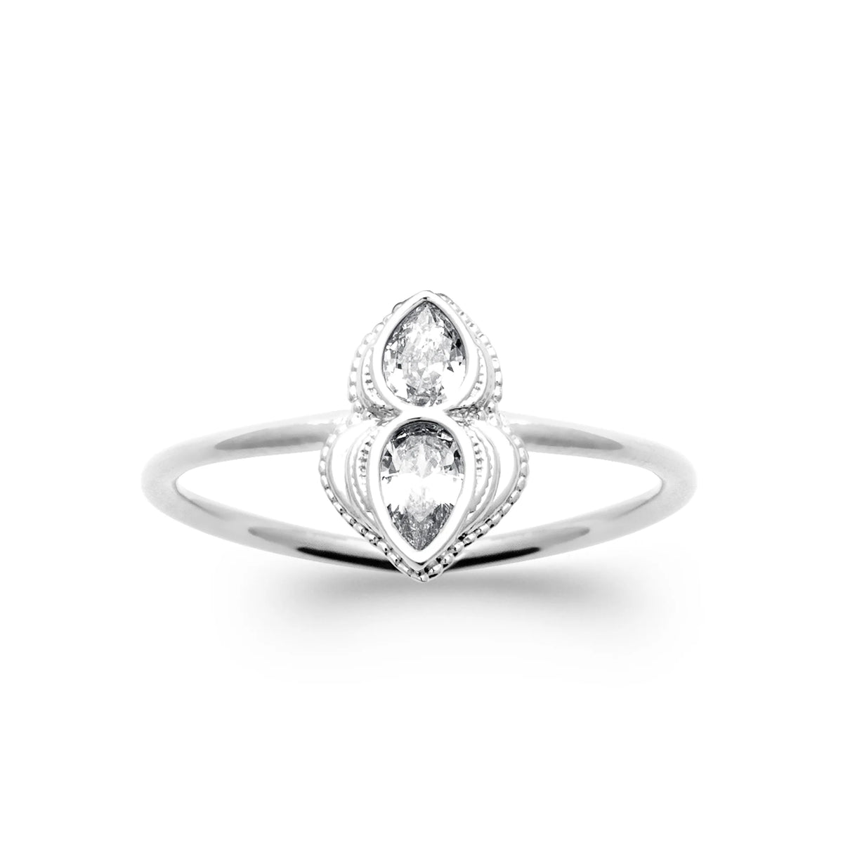 Bague goutte perlée et deux zircons en argent 925