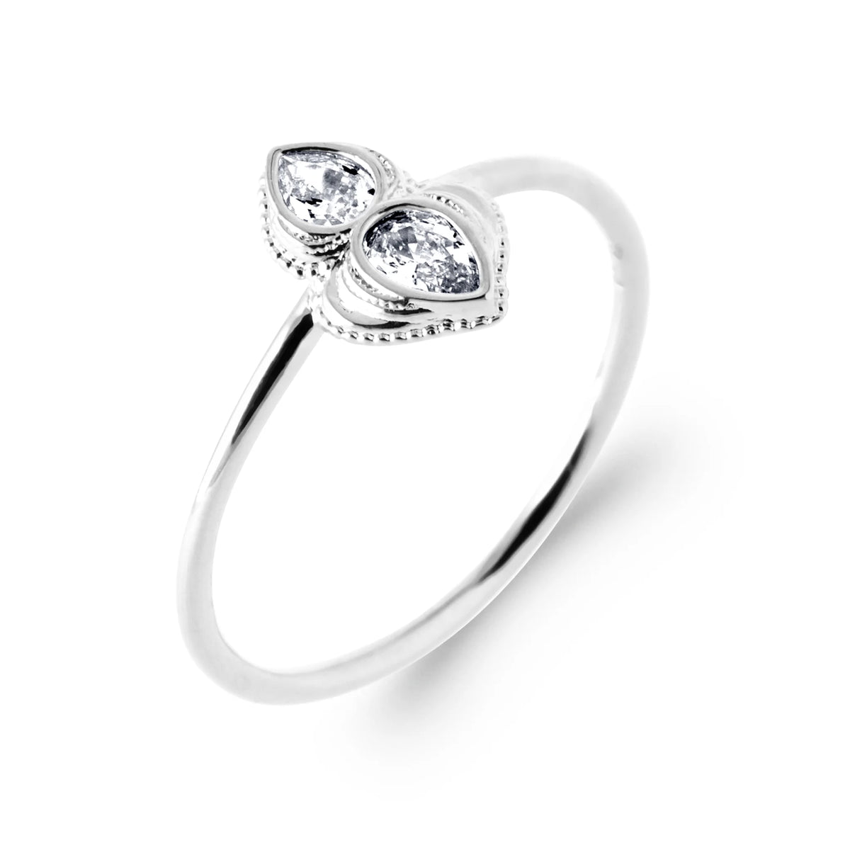 Bague goutte perlée et deux zircons en argent 925