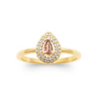 Bague goutte pierre rose poudré double halo de zircons plaqué or, vue de face