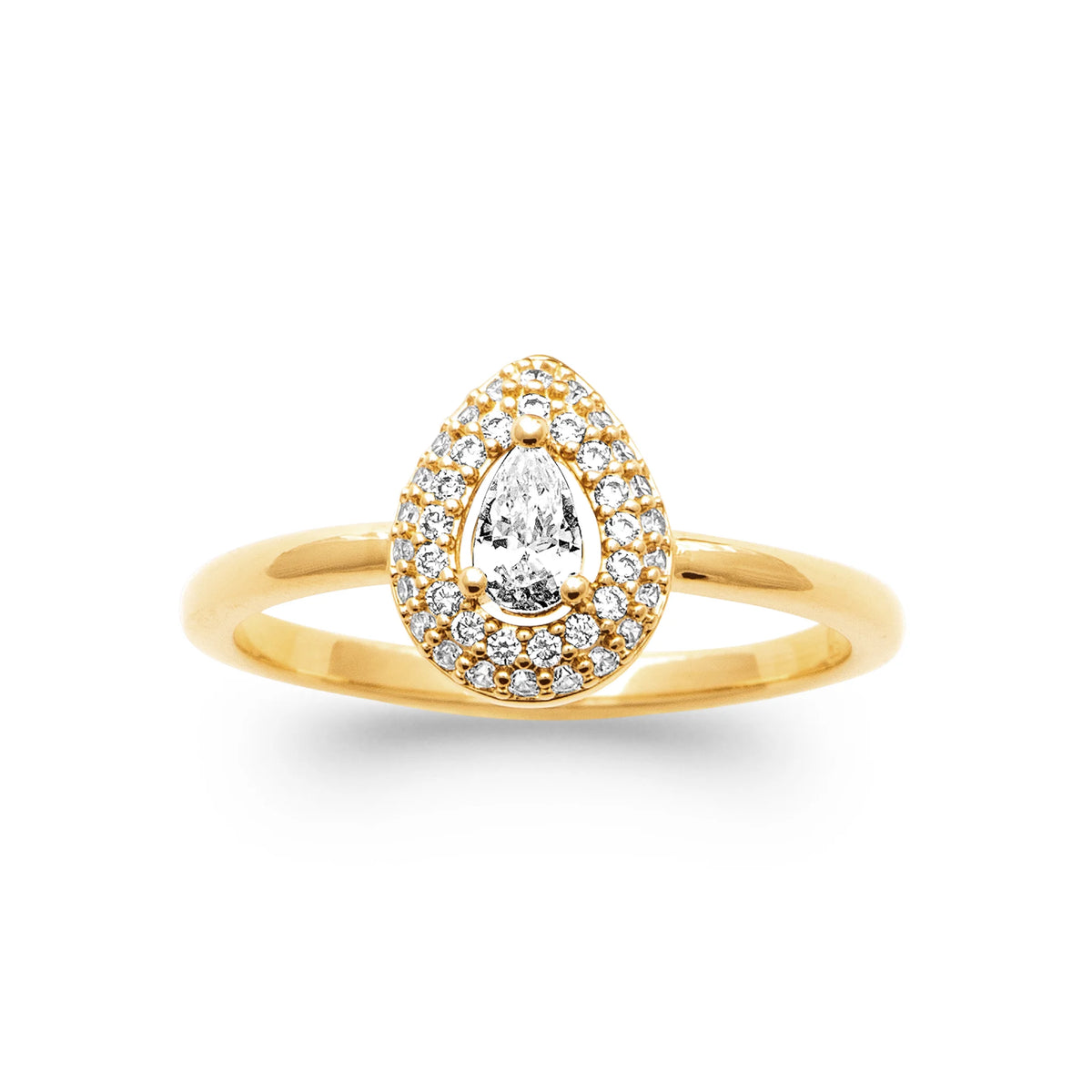 Bague goutte zircon poire double halo en plaqué or