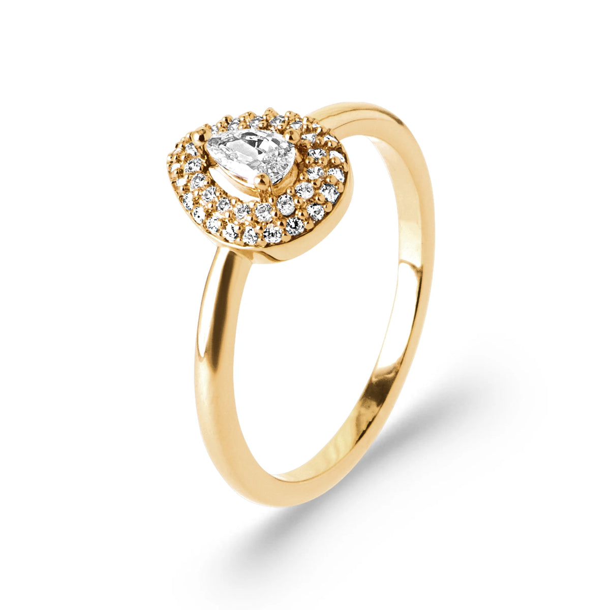 Bague goutte zircon poire double halo en plaqué or
