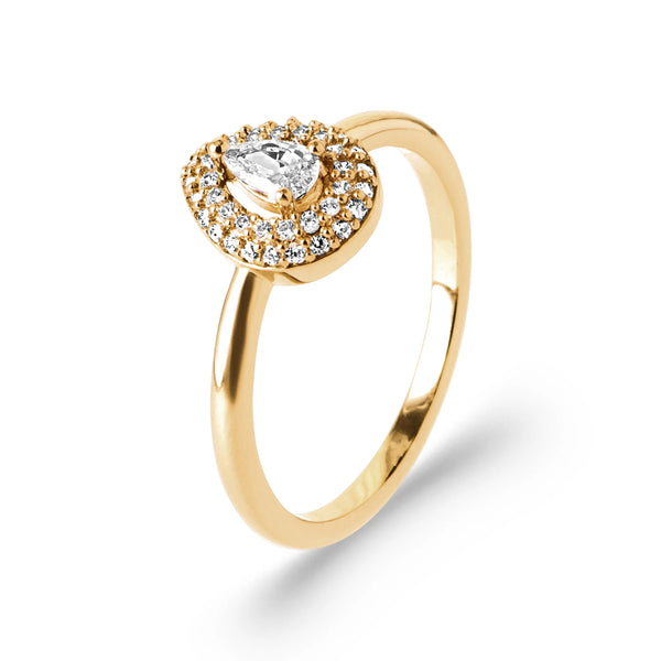 Bague goutte zircon poire double halo en plaqué or, vue de trois quarts