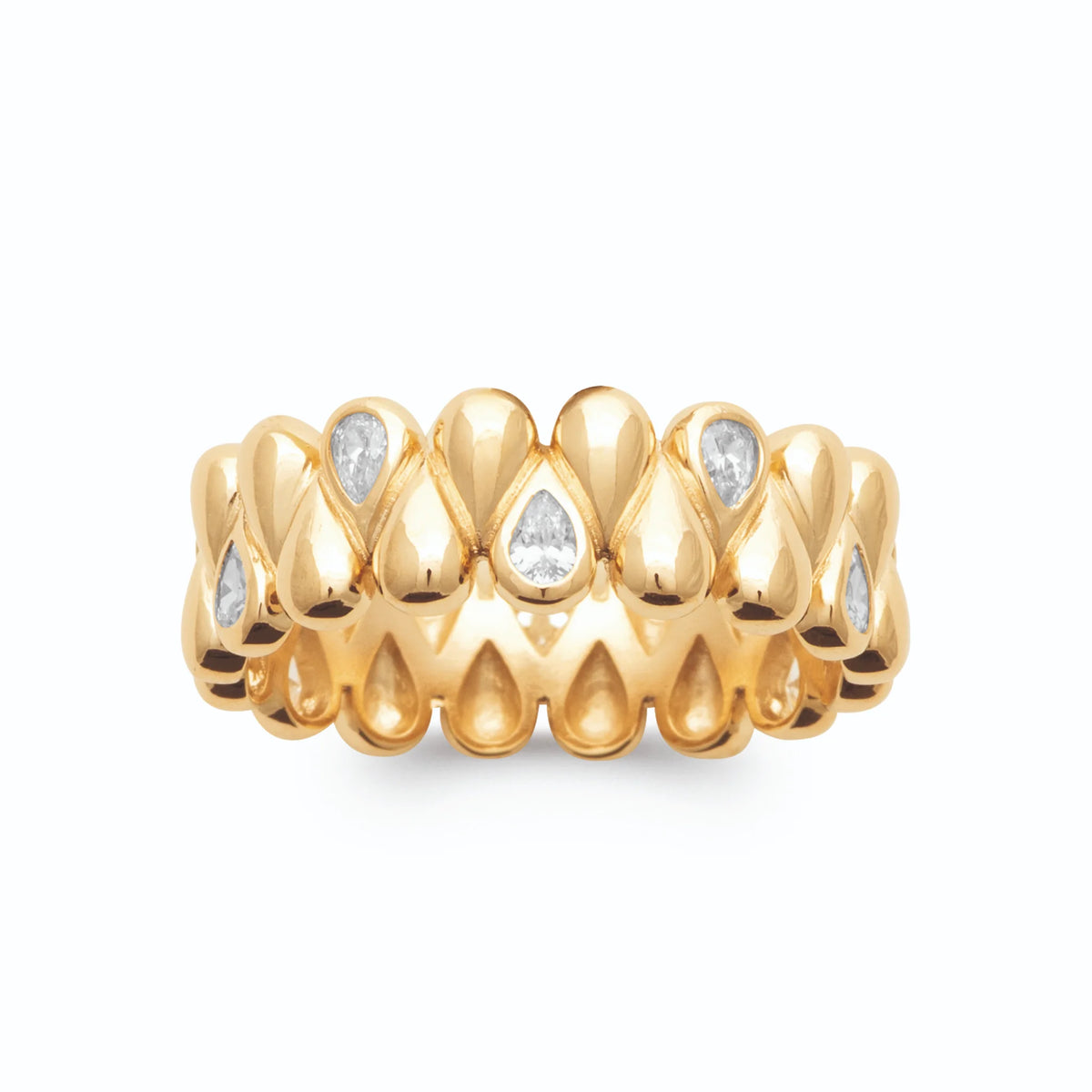 Bague gouttes d’or en relief et zircons poires sur deux rangs plaqué or, vue de face