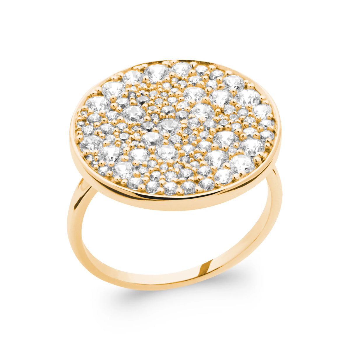 Bague grand disque rond entièrement pavé de zircons de tailles variées en plaqué or