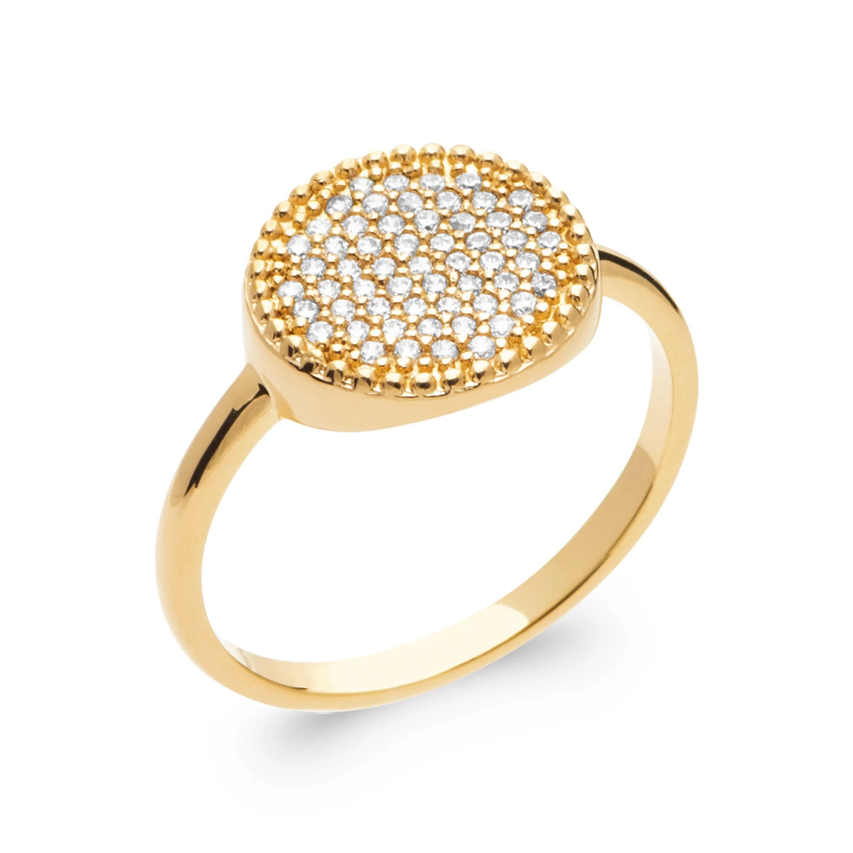 Bague grand disque rond pavé de zircons bordé de grains d’or en plaqué or