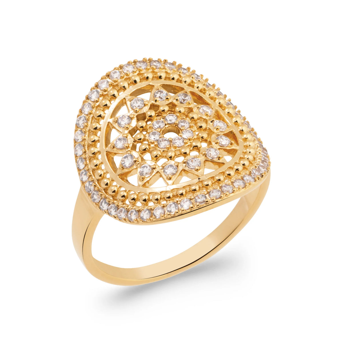 Bague grand médaillon mandala en filigrane serti de zircons en plaqué or