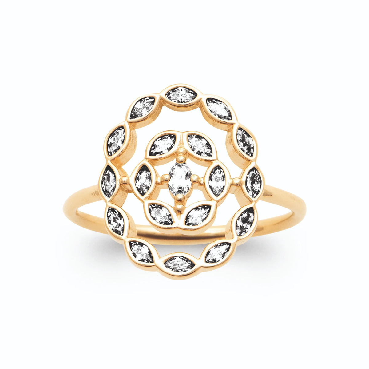 Bague grand médaillon rond double couronne de zircons navettes en plaqué or