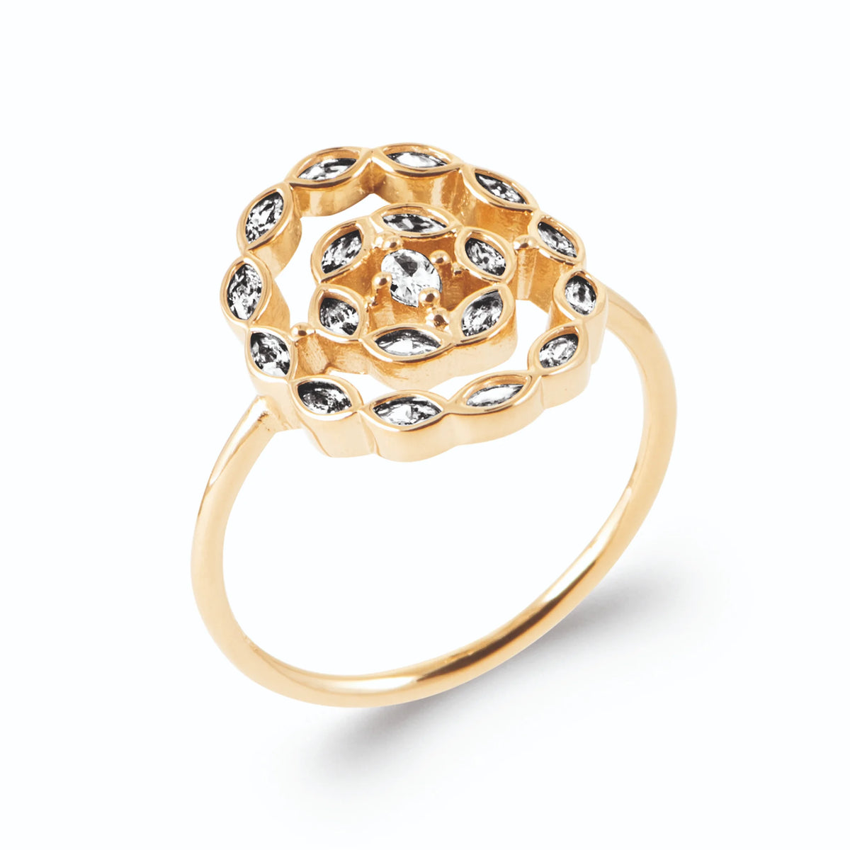 Bague grand médaillon rond double couronne de zircons navettes en plaqué or