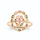 Bague grand médaillon rond rosace de navettes multicolores en plaqué or