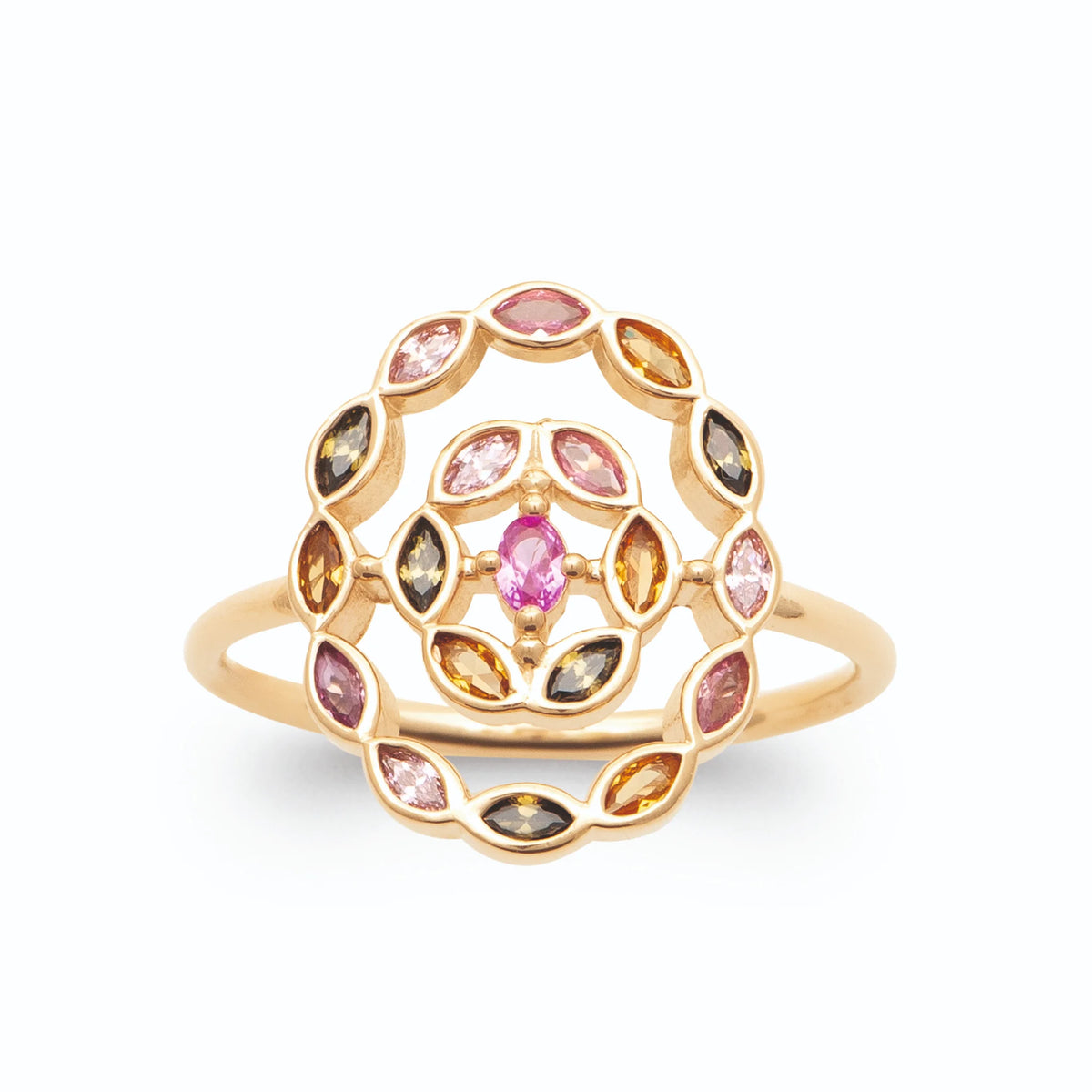 Bague grand médaillon rond rosace de navettes multicolores en plaqué or