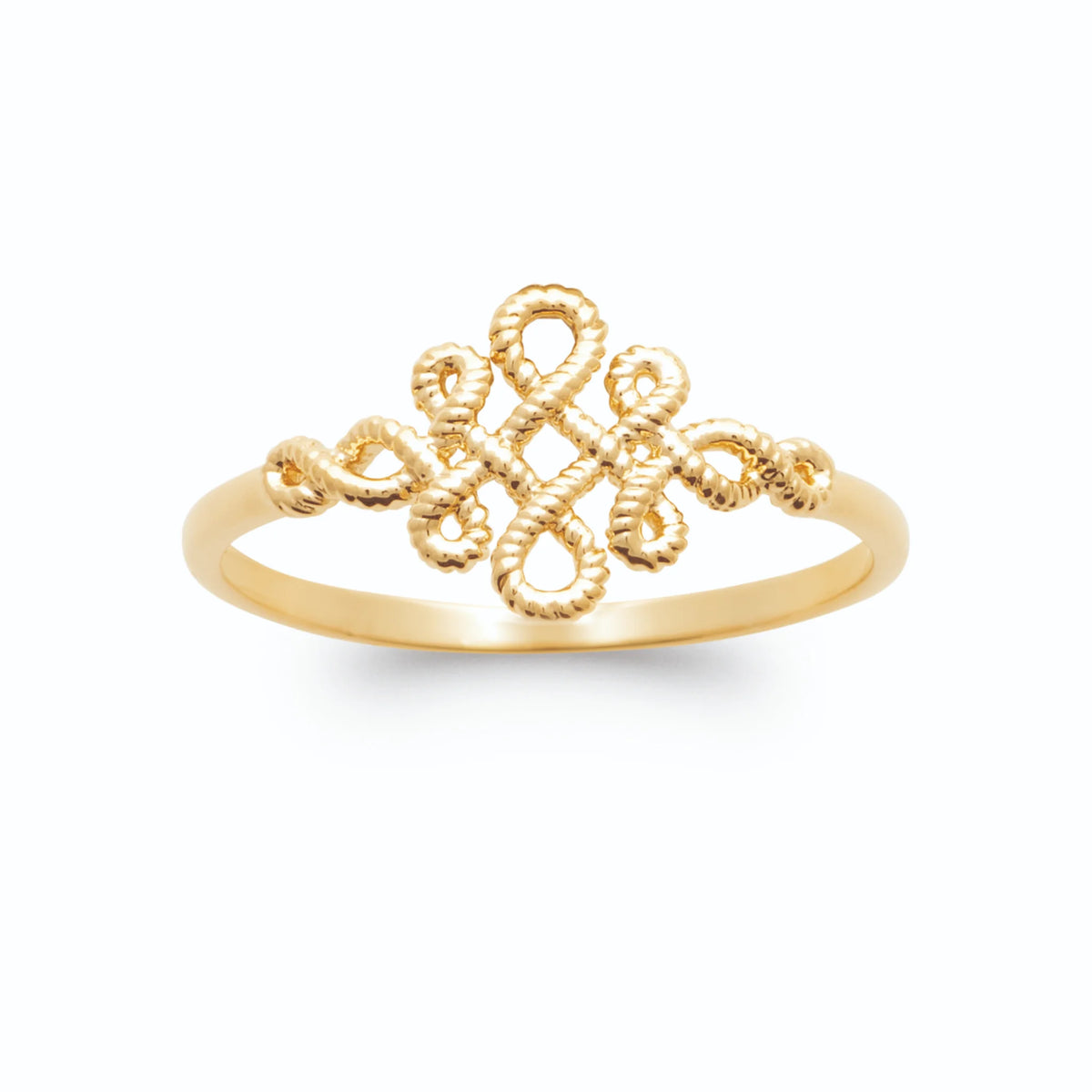 Bague grand nœud chinois en fil d’or perlé en plaqué or