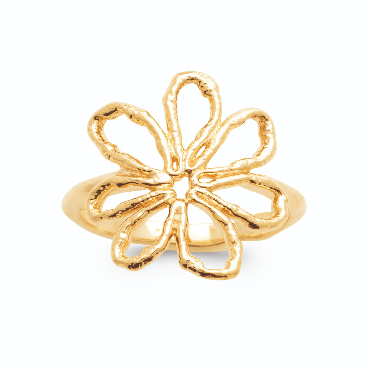 Bague grande fleur ouverte aux pétales martelés sans pierre plaqué or, vue de face