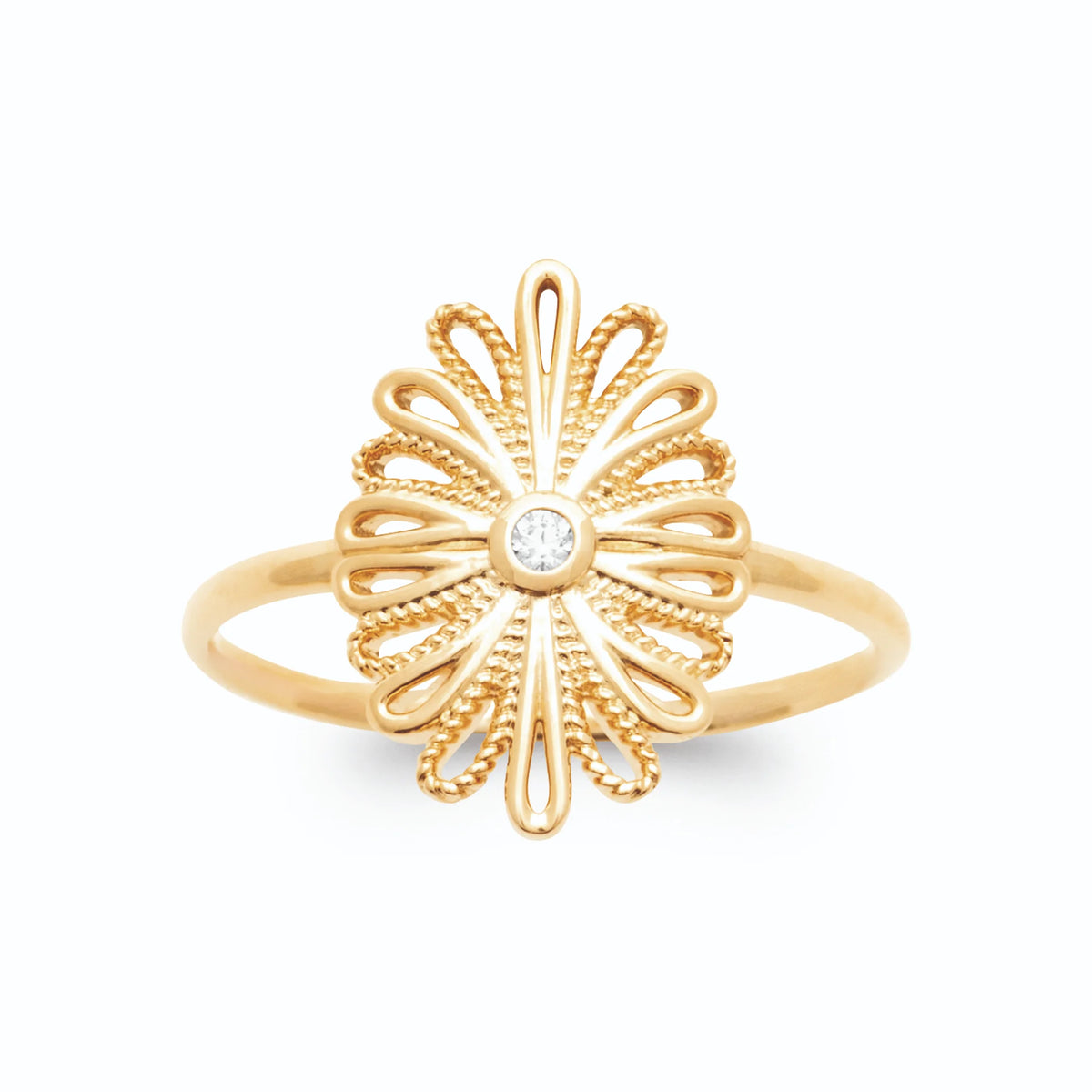 Bague grande marguerite en filigrane et zircon au cœur plaqué or, vue de face