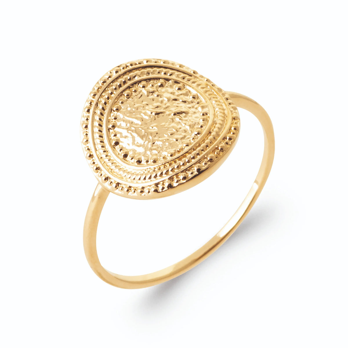 Bague grande médaille granulée façon pièce ancienne en plaqué or