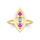 Bague grande navette perlée pierres fuchsia et bleu ciel plaqué or, vue de face