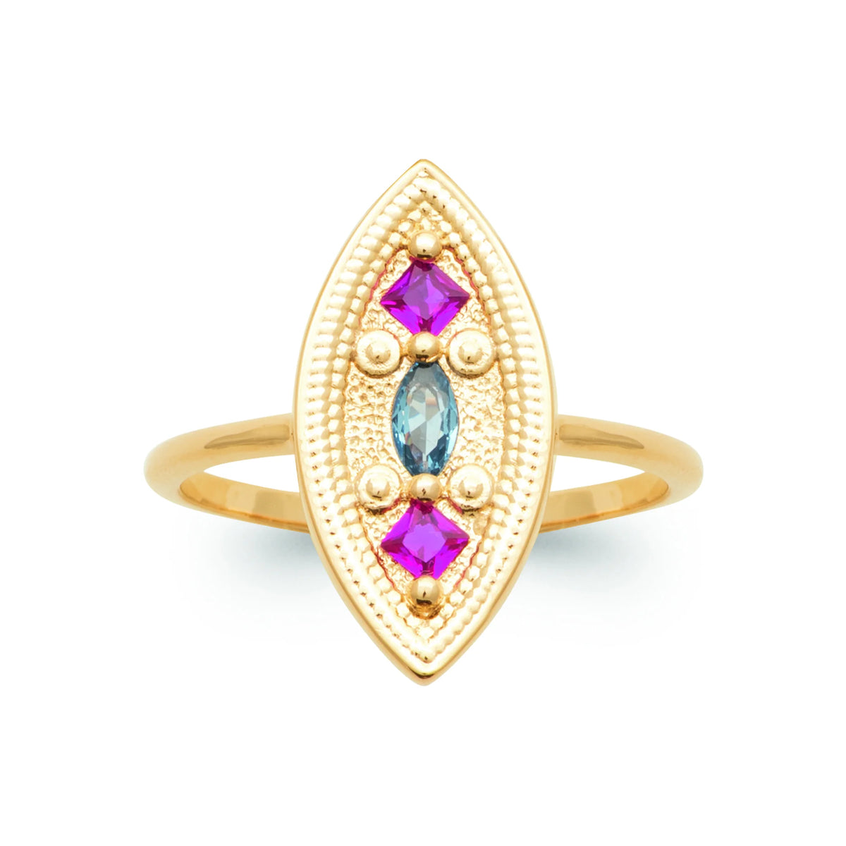 Bague grande navette perlée pierres fuchsia et bleu ciel plaqué or, vue de face