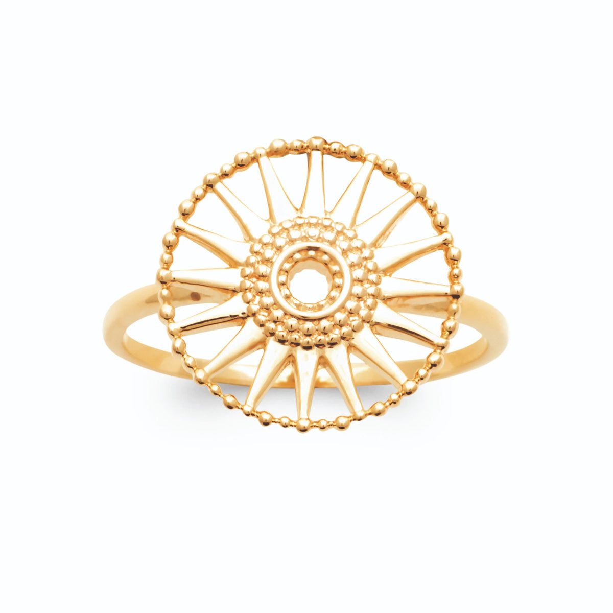 Bague grande rosace soleil ajourée et cœur granulé en plaqué or