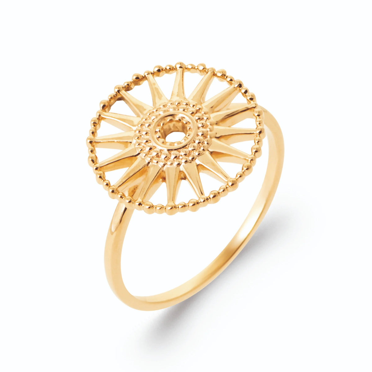 Bague grande rosace soleil ajourée et cœur granulé en plaqué or