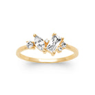Bague grappe asymétrique zircons baguette, navette et ronds en plaqué or