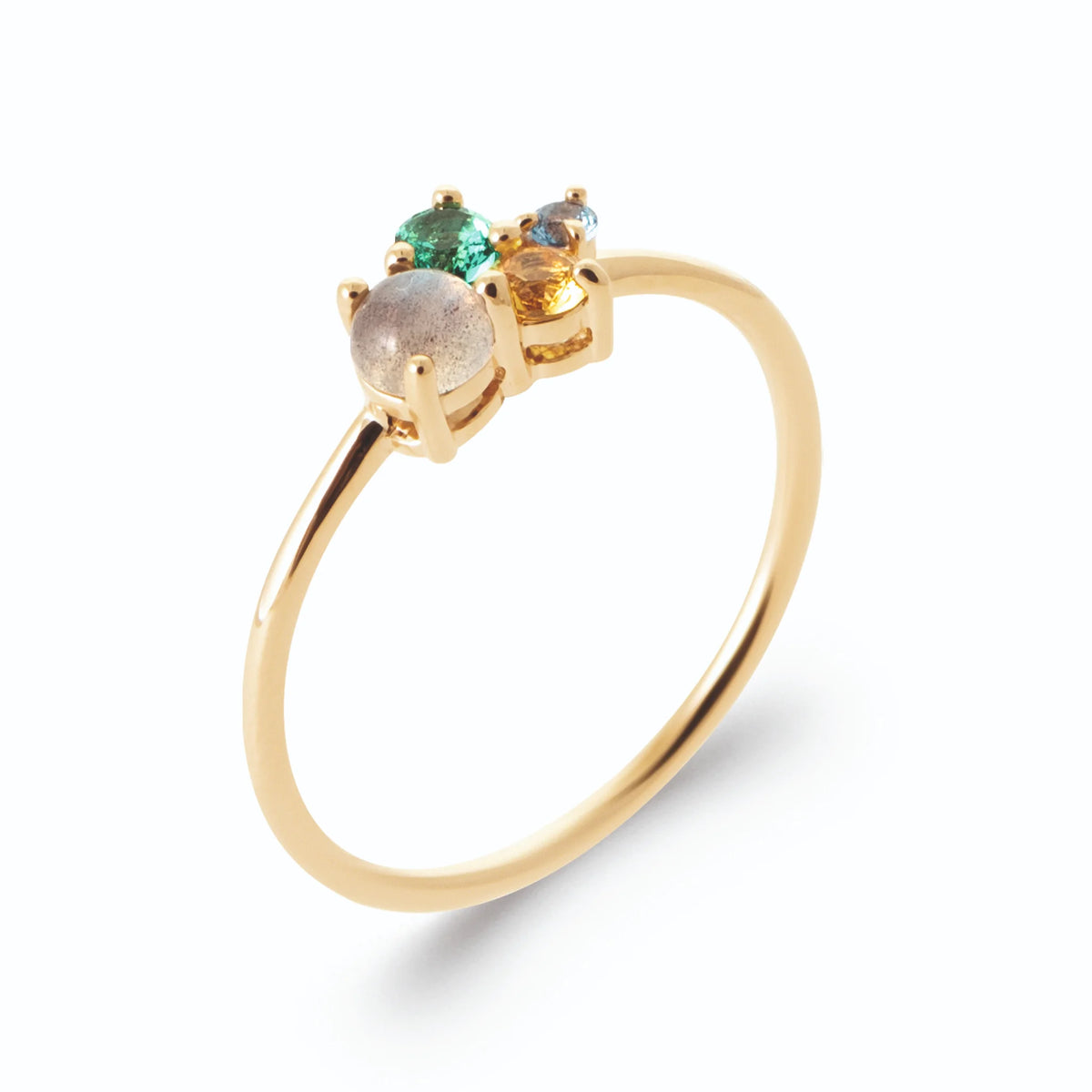 Bague grappe cabochon gris laiteux et pierres multicolores en plaqué or