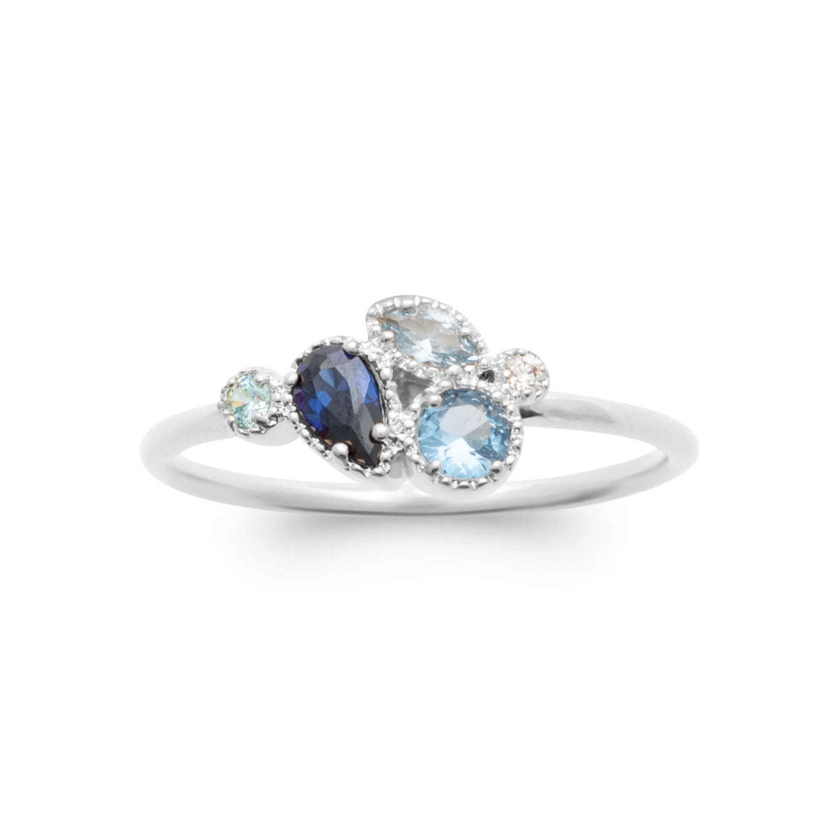 Bague grappe de pierres bleues en camaïeu en argent 925