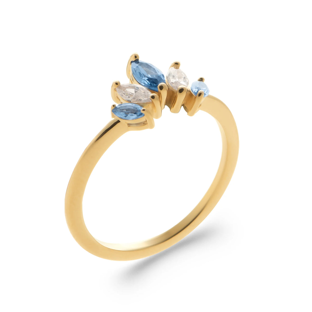 Bague grappe de pierres poire et navette bleu ciel et zircon en plaqué or