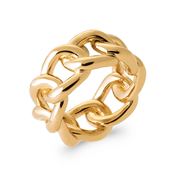 Bague grosses mailles arrondies style chaîne XXL en plaqué or, vue de trois quarts