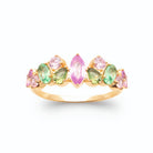 Bague guirlande de pierres navettes roses et vert menthe en plaqué or
