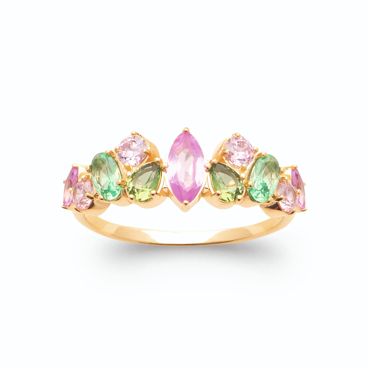 Bague guirlande de pierres navettes roses et vert menthe en plaqué or