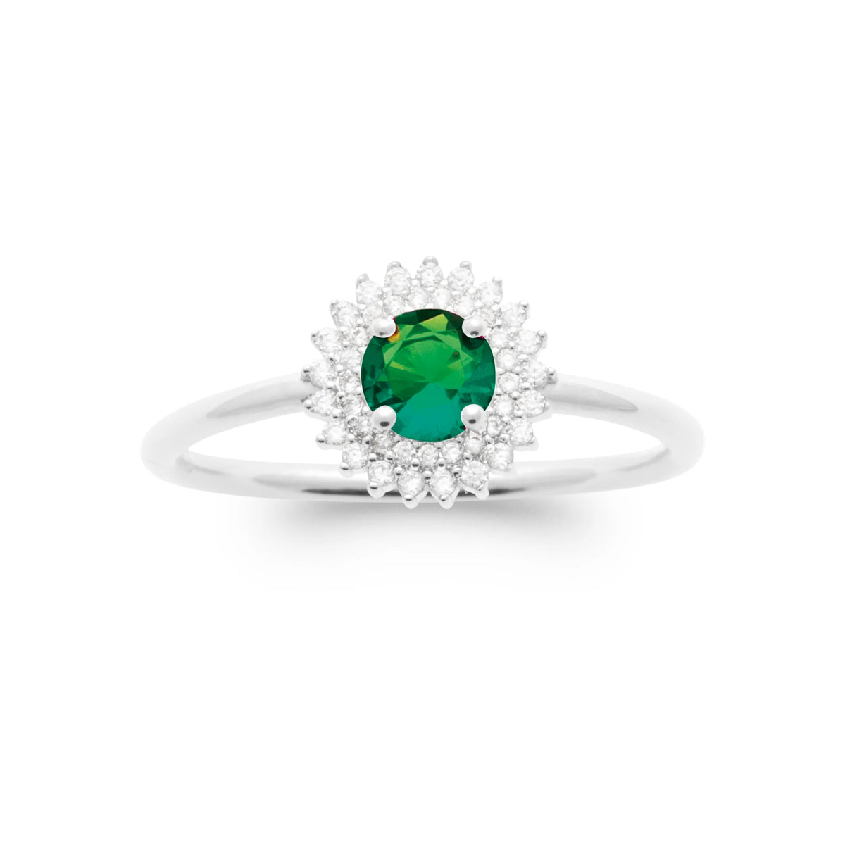 Bague halo pierre verte sur anneau fin en argent 925, vue de dessus