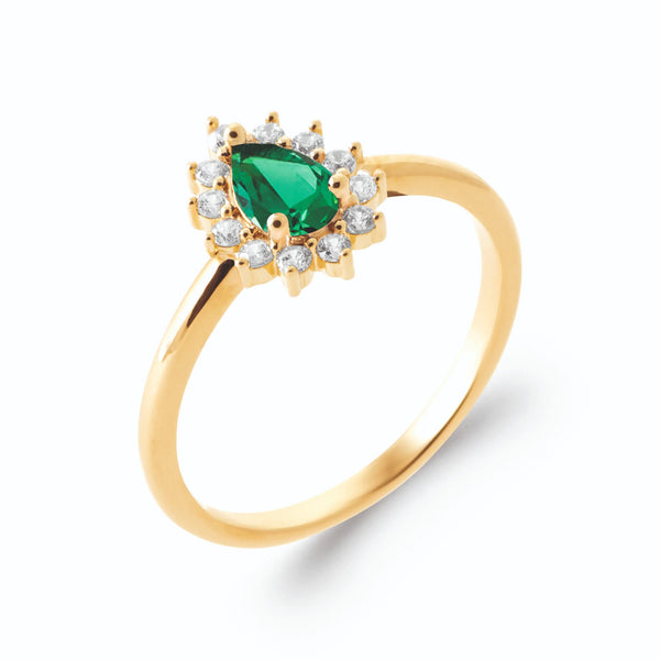 Bague halo pierre verte taille poire entourée de zircons en plaqué or