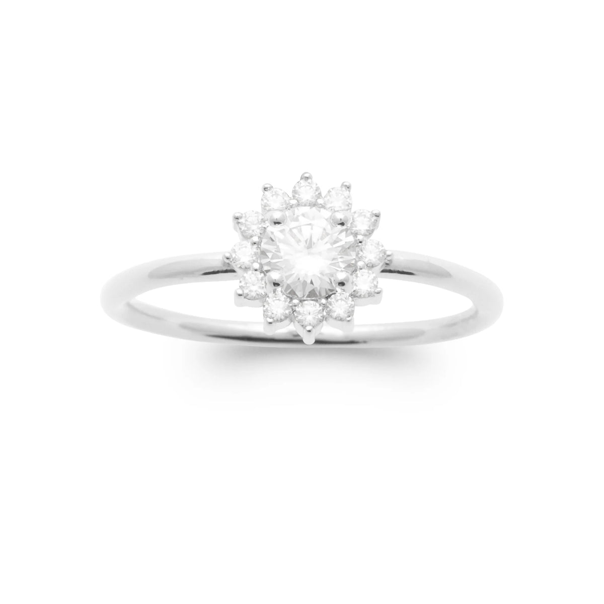 Bague halo de zircons sur anneau fin en argent 925, vue de dessus