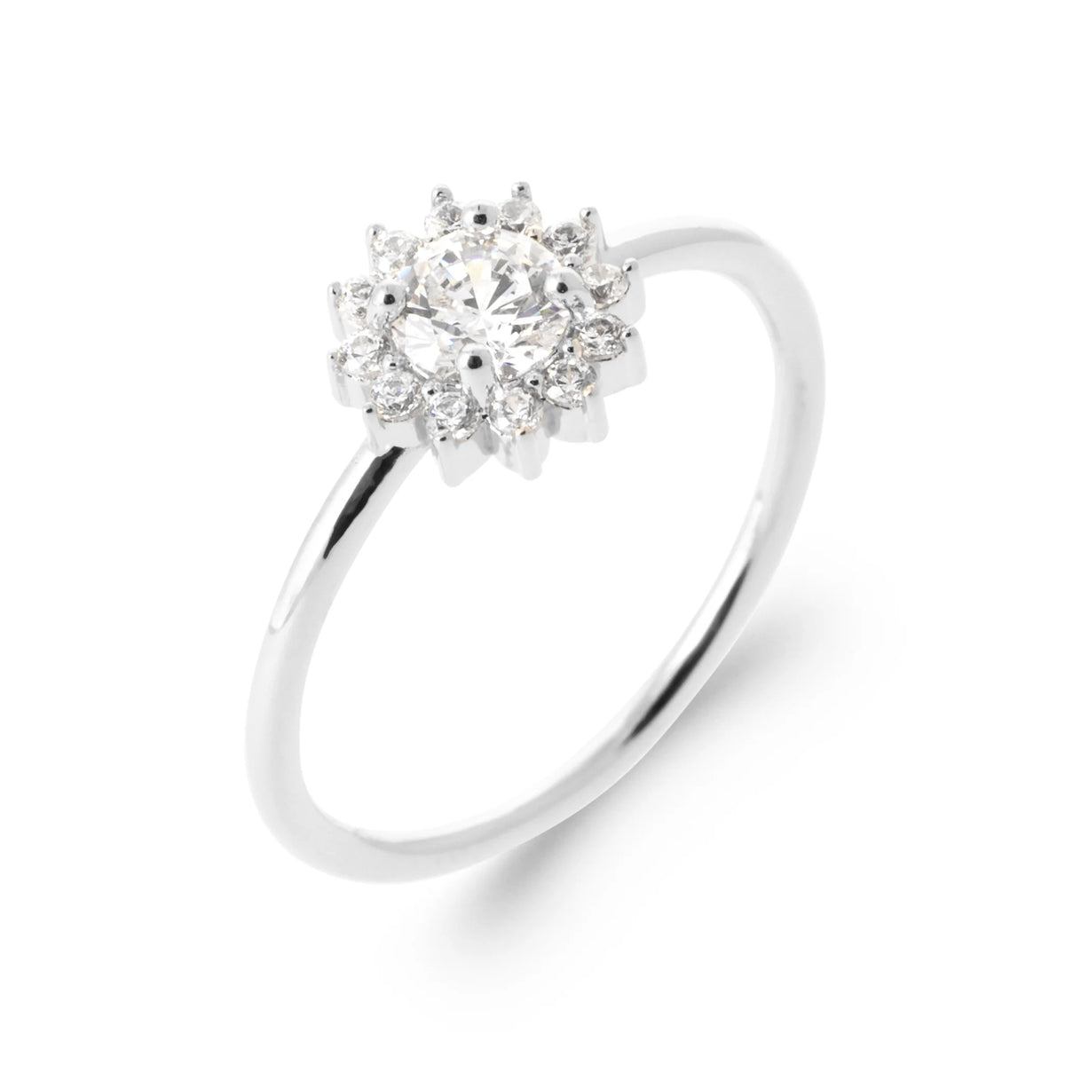 Bague halo de zircons sur anneau fin en argent 925, vue de face