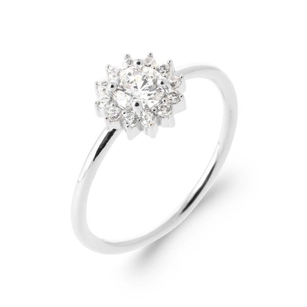 Bague halo de zircons sur anneau fin en argent 925, vue de face