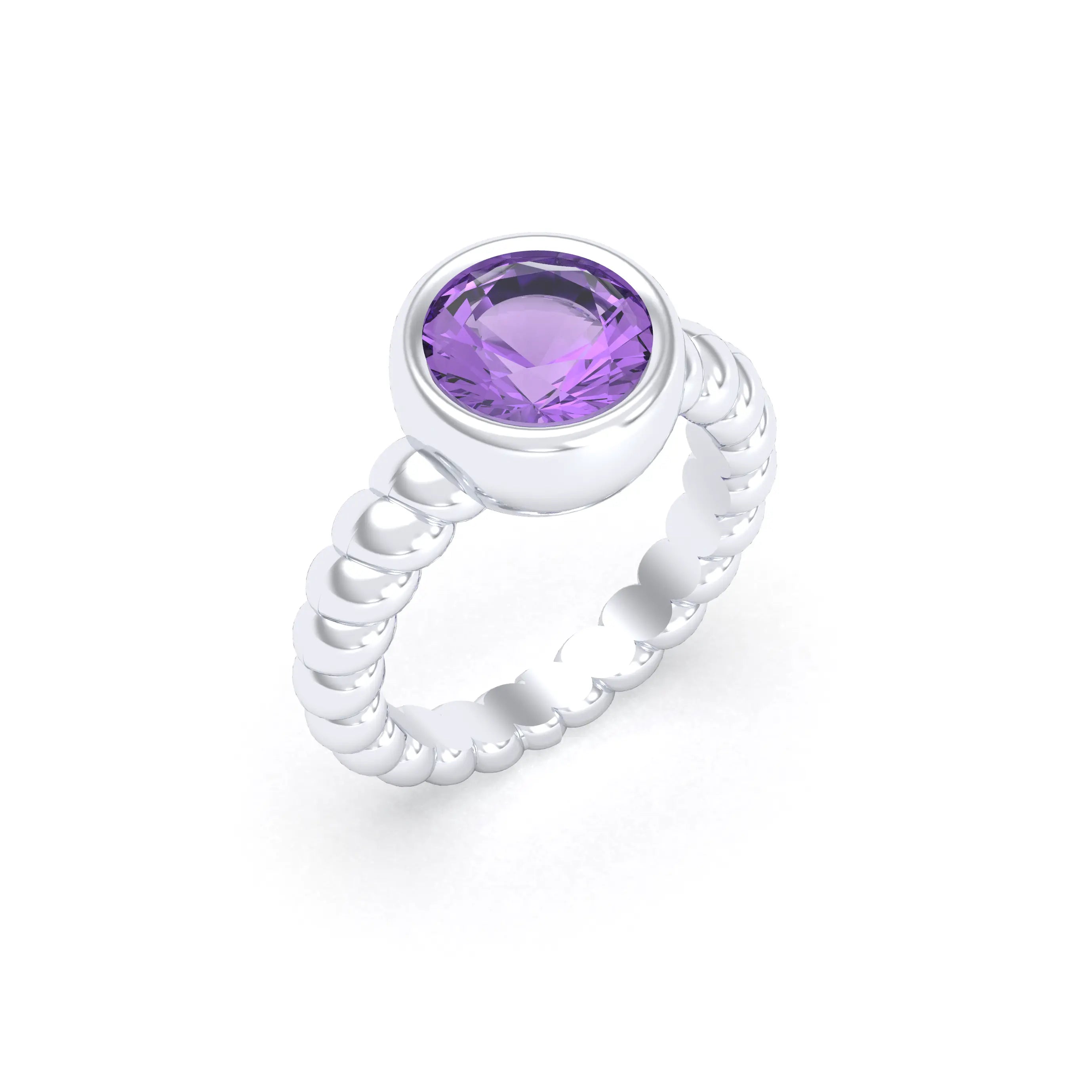 Bague “Indiscrète” en Argent 950 – Pierre Fine Ronde 9mm et Anneau Torsadé Améthyste