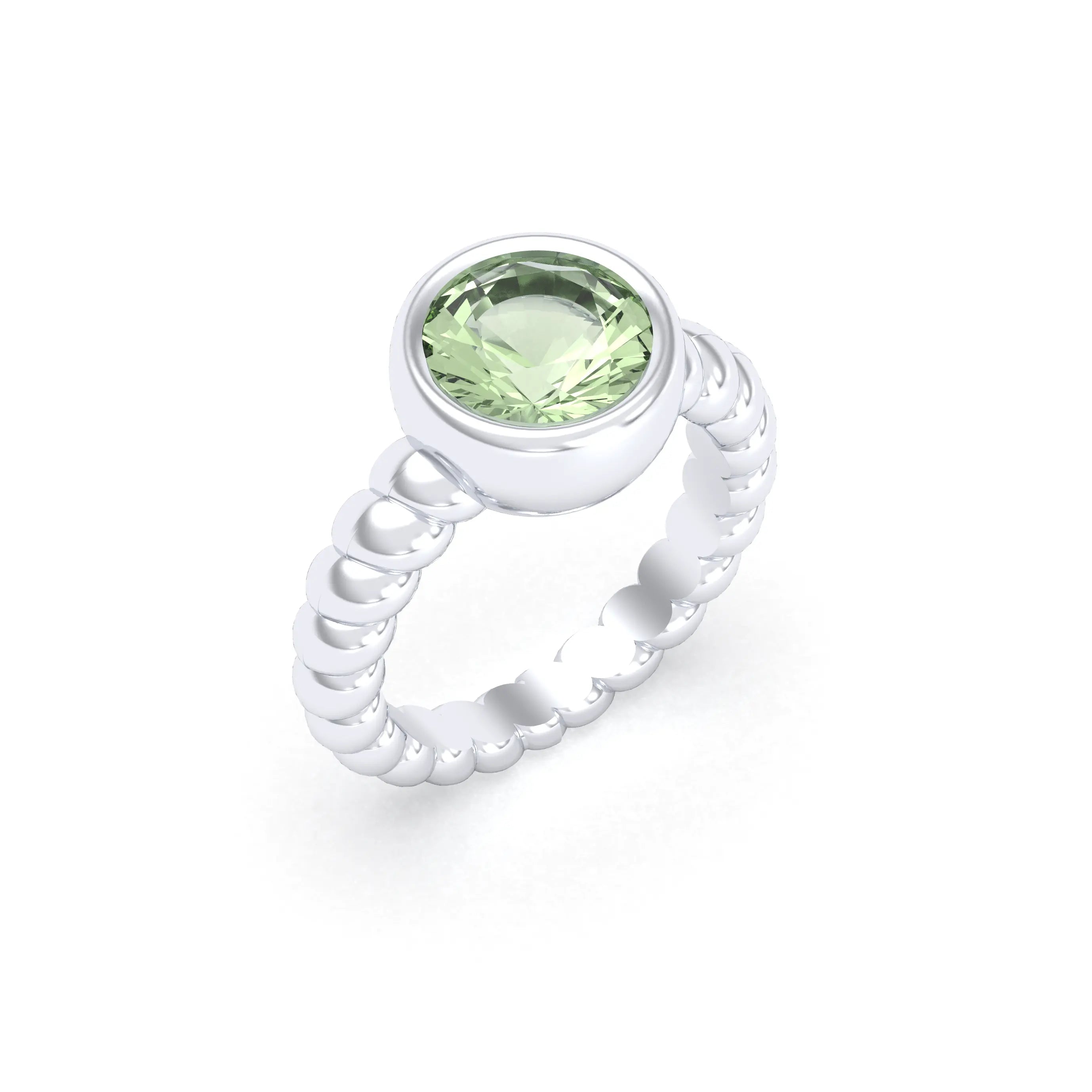 Bague “Indiscrète” en Argent 950 – Pierre Fine Ronde 9mm et Anneau Torsadé Prasiolite