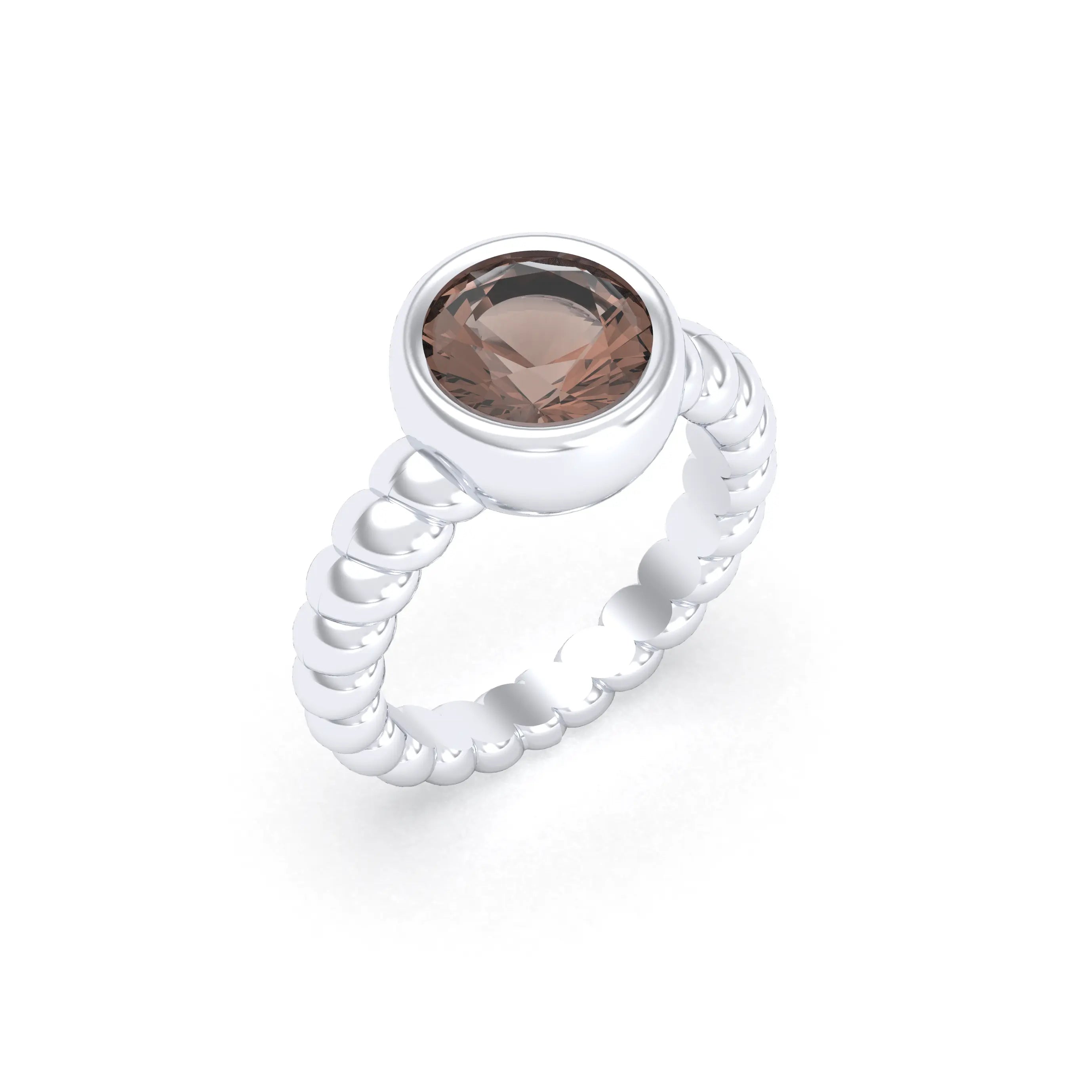Bague “Indiscrète” en Argent 950 – Pierre Fine Ronde 9mm et Anneau Torsadé Quartz fumé