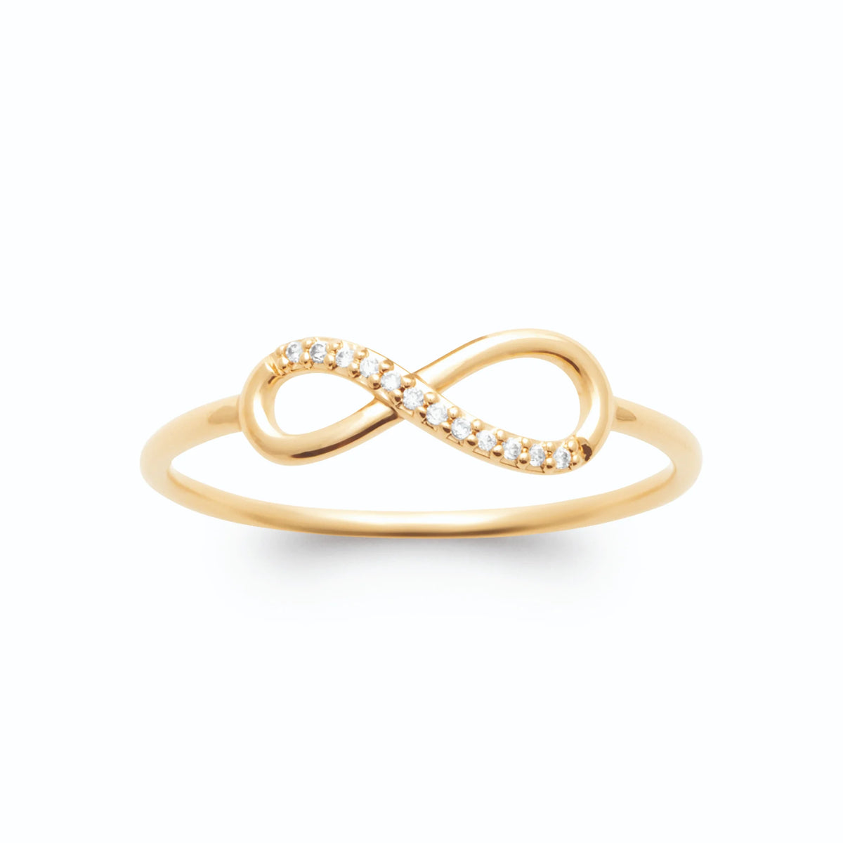 Bague infini asymétrique pavée de zircons en plaqué or, vue de profil