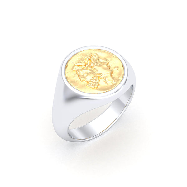 Bague Janus – chevalière en argent 950 et pièce or 18 carats aux profils antiques Or jaune