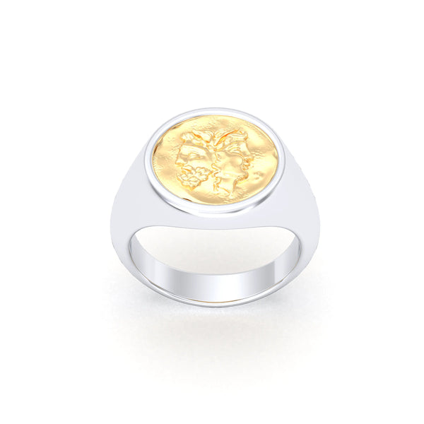 Bague Janus – chevalière en argent 950 et pièce or 18 carats aux profils antiques, autre vue