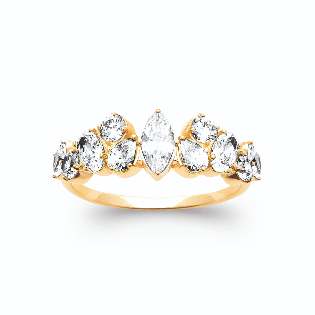 Bague jarretière zircons navettes ovales et ronds plaqué or, vue de face