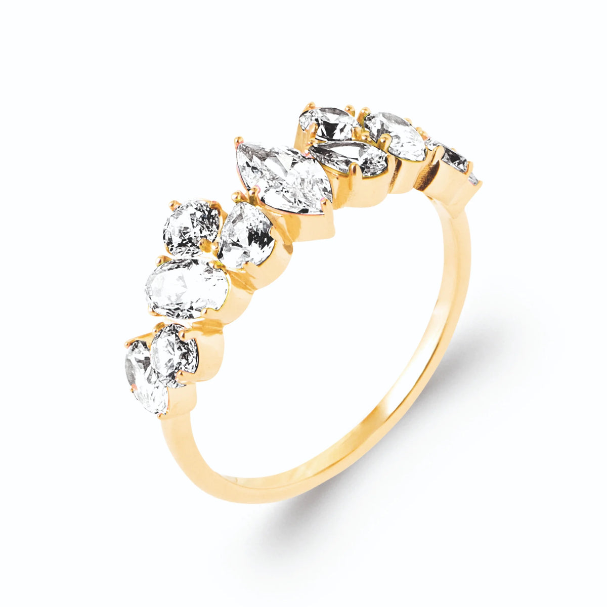 Bague jarretière zircons navettes ovales et ronds en plaqué or, vue de trois quarts